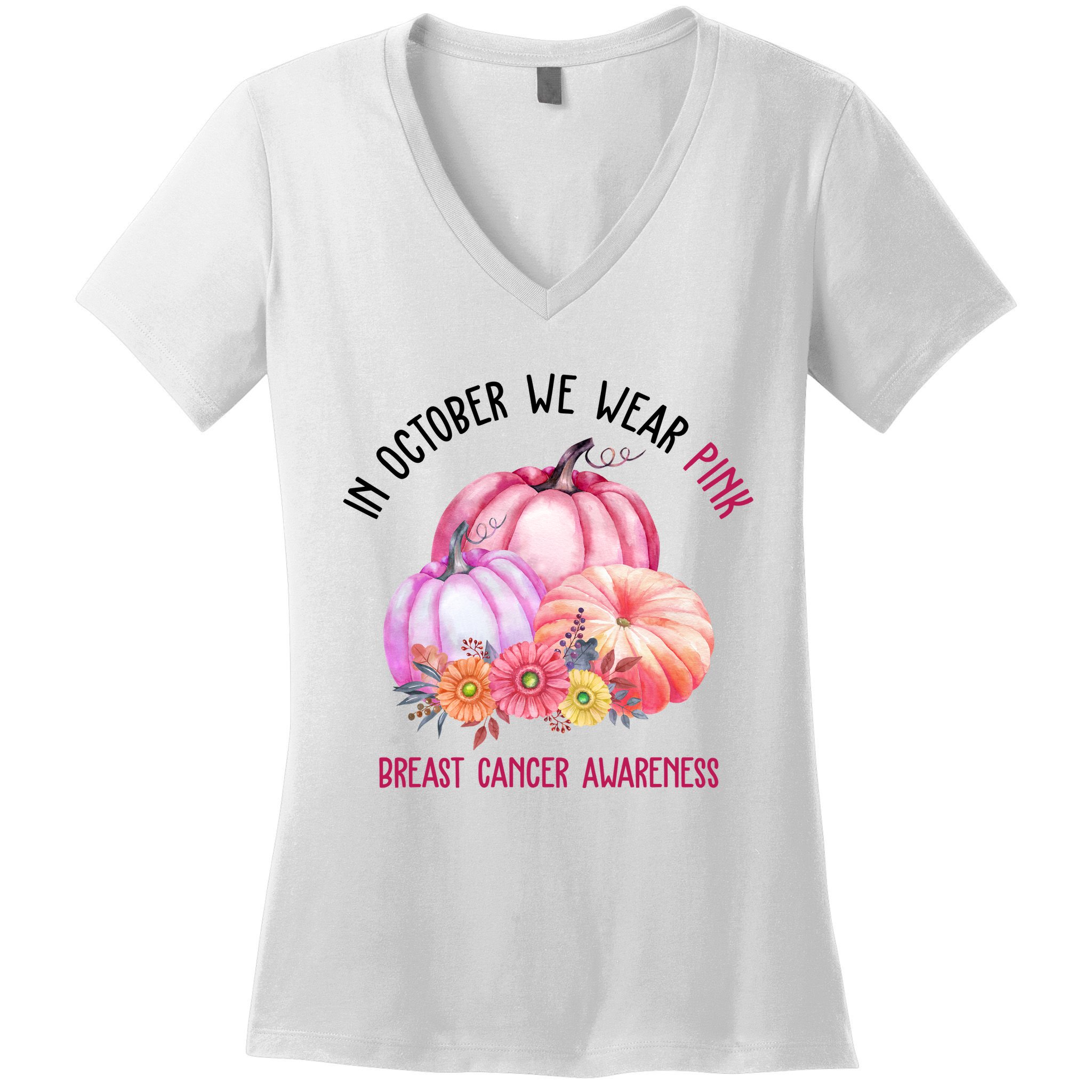 In October We Wear Pink Breast Cancer Awareness Pumpkin Fall Women's V-Neck T-Shirt