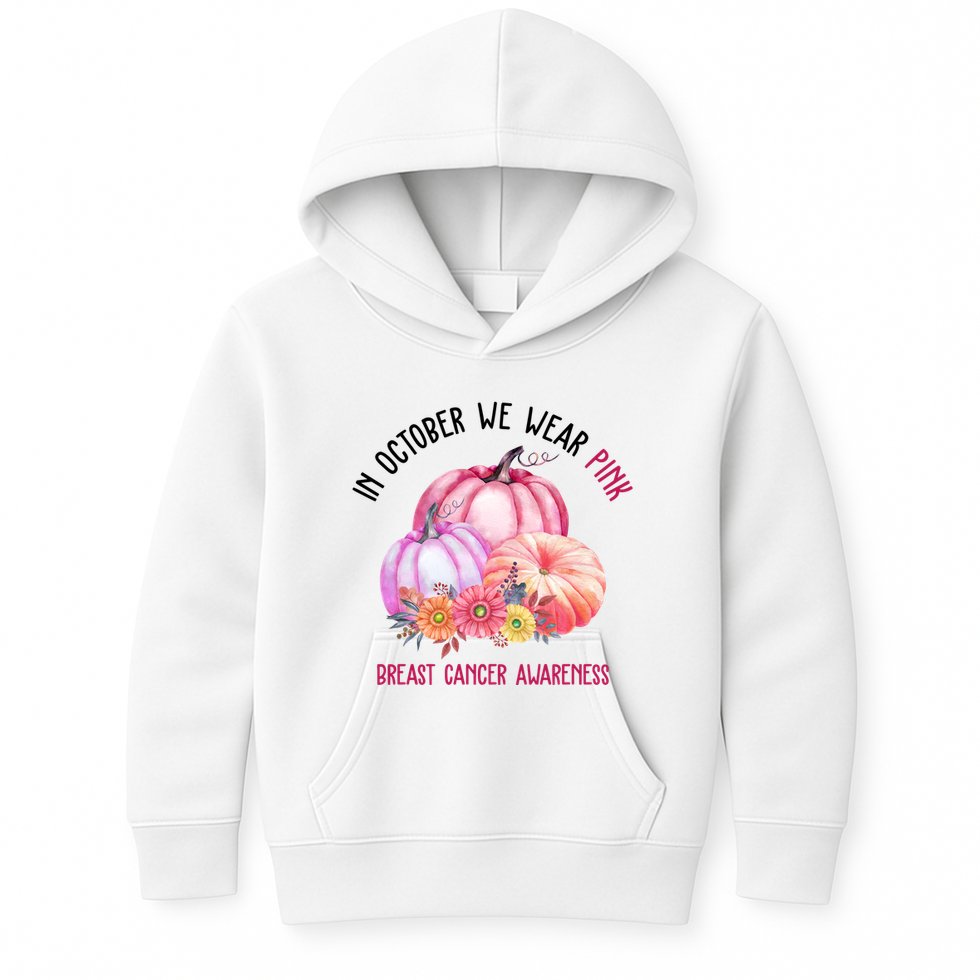 In October We Wear Pink Breast Cancer Awareness Pumpkin Fall Kids Hoodie