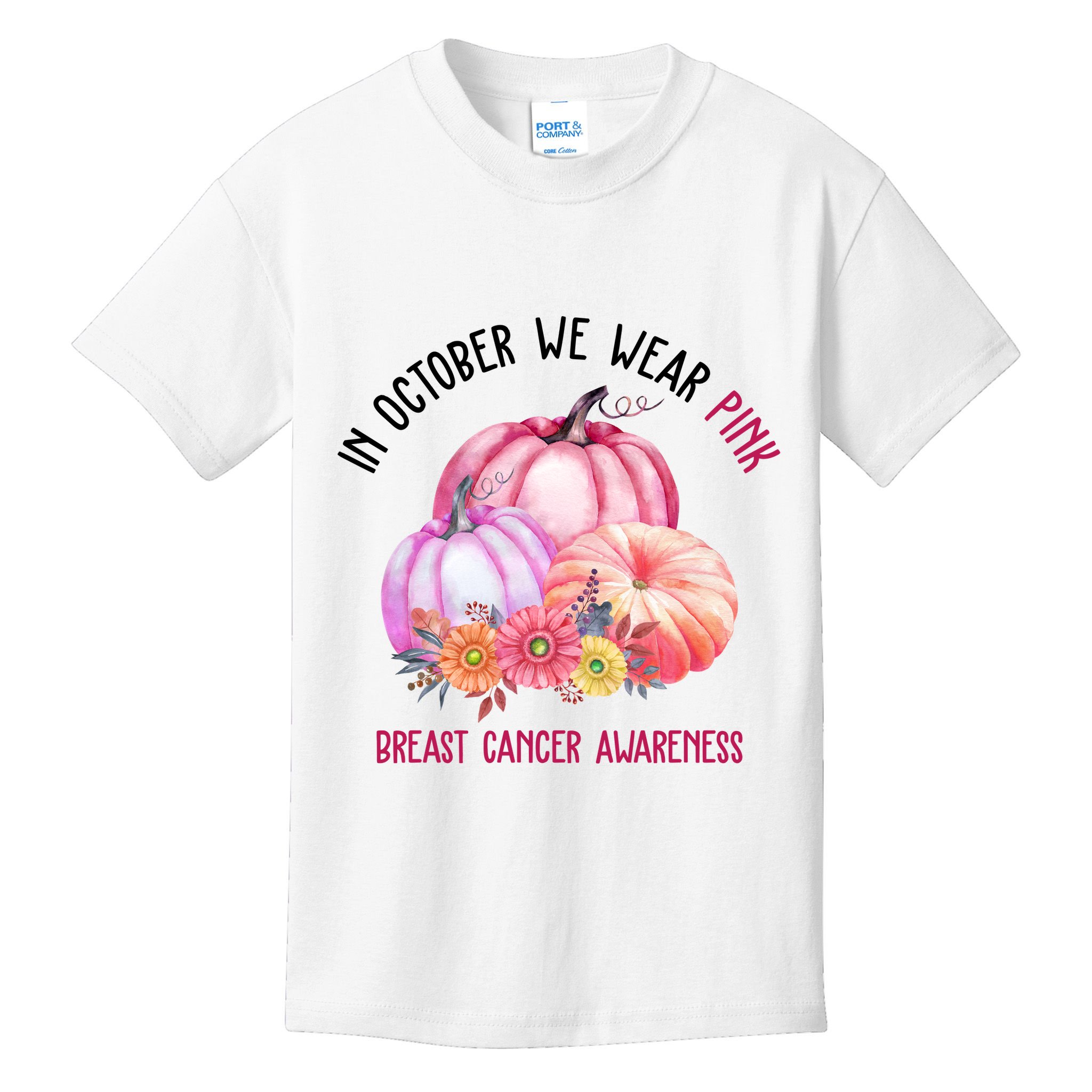 In October We Wear Pink Breast Cancer Awareness Pumpkin Fall Kids T-Shirt