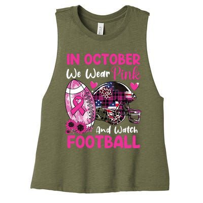 In October We Wear Pink Football Breast Cancer Awareness Women's Racerback Cropped Tank