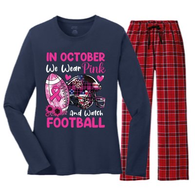 In October We Wear Pink Football Breast Cancer Awareness Women's Long Sleeve Flannel Pajama Set 