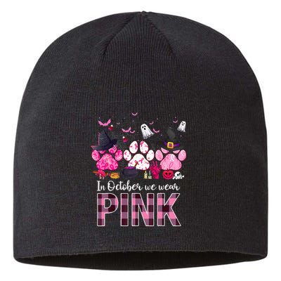 In October We Wear P.I.N.K Breast Cancer Halloween Dog Paws Sustainable Beanie