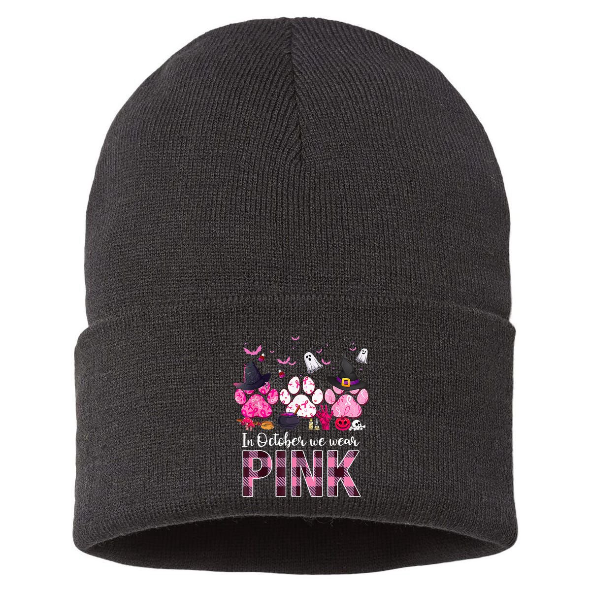 In October We Wear P.I.N.K Breast Cancer Halloween Dog Paws Sustainable Knit Beanie