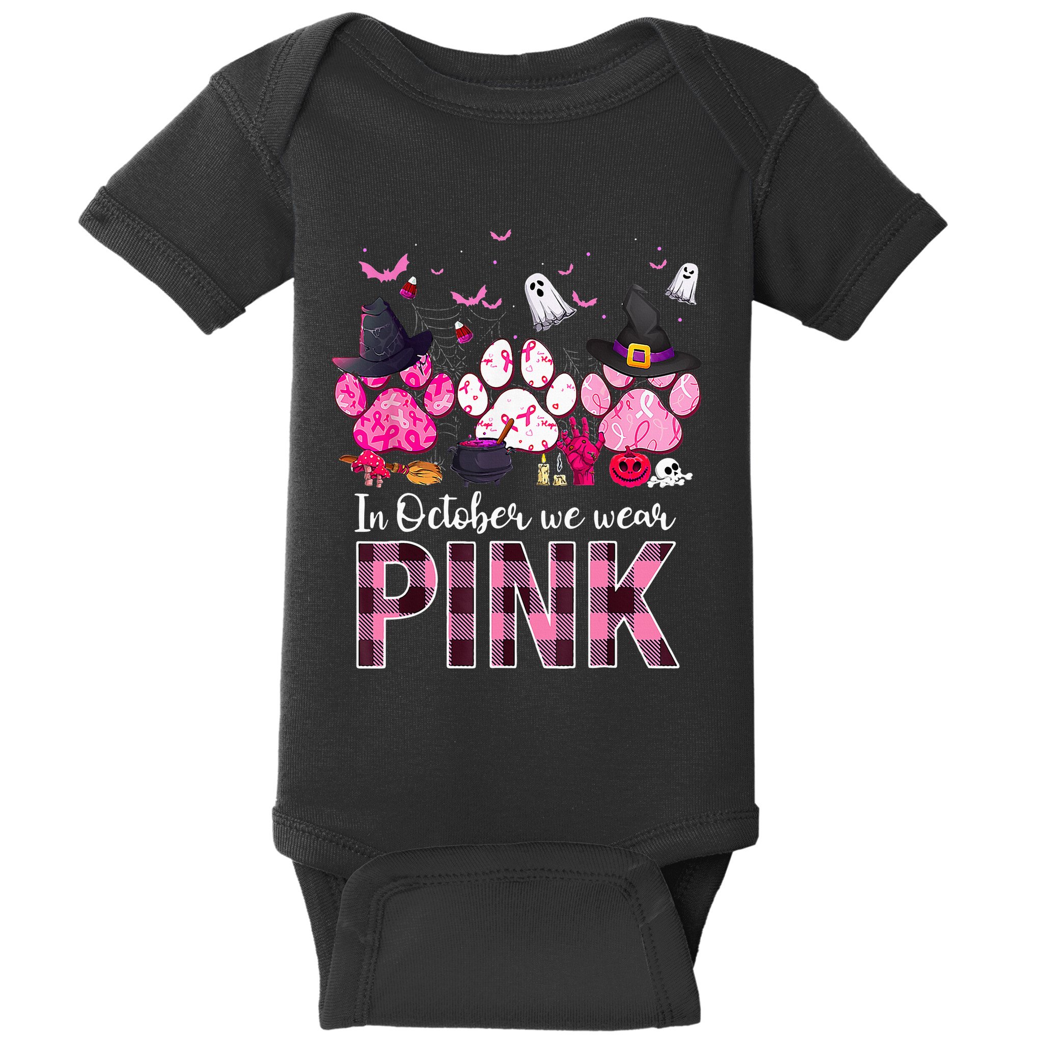 In October We Wear P.I.N.K Breast Cancer Halloween Dog Paws Baby Bodysuit