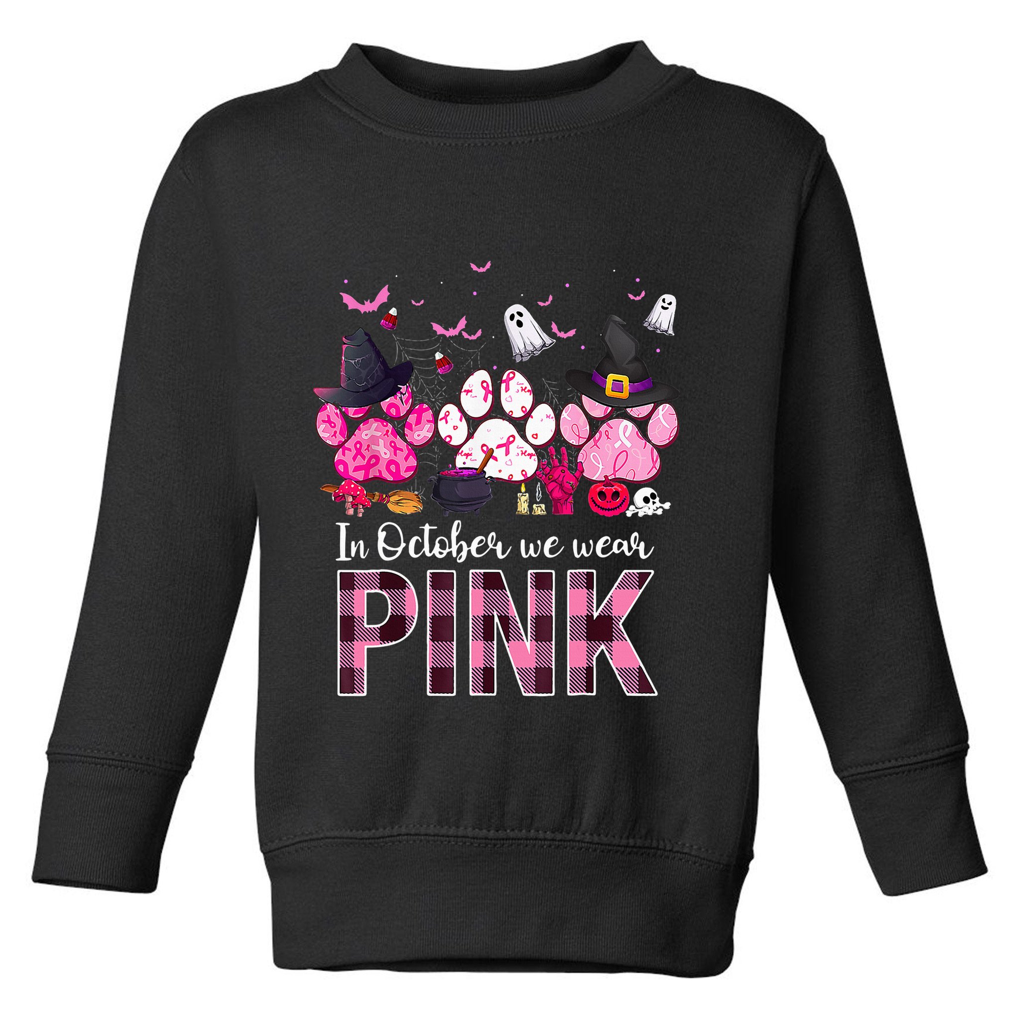 In October We Wear P.I.N.K Breast Cancer Halloween Dog Paws Toddler Sweatshirt
