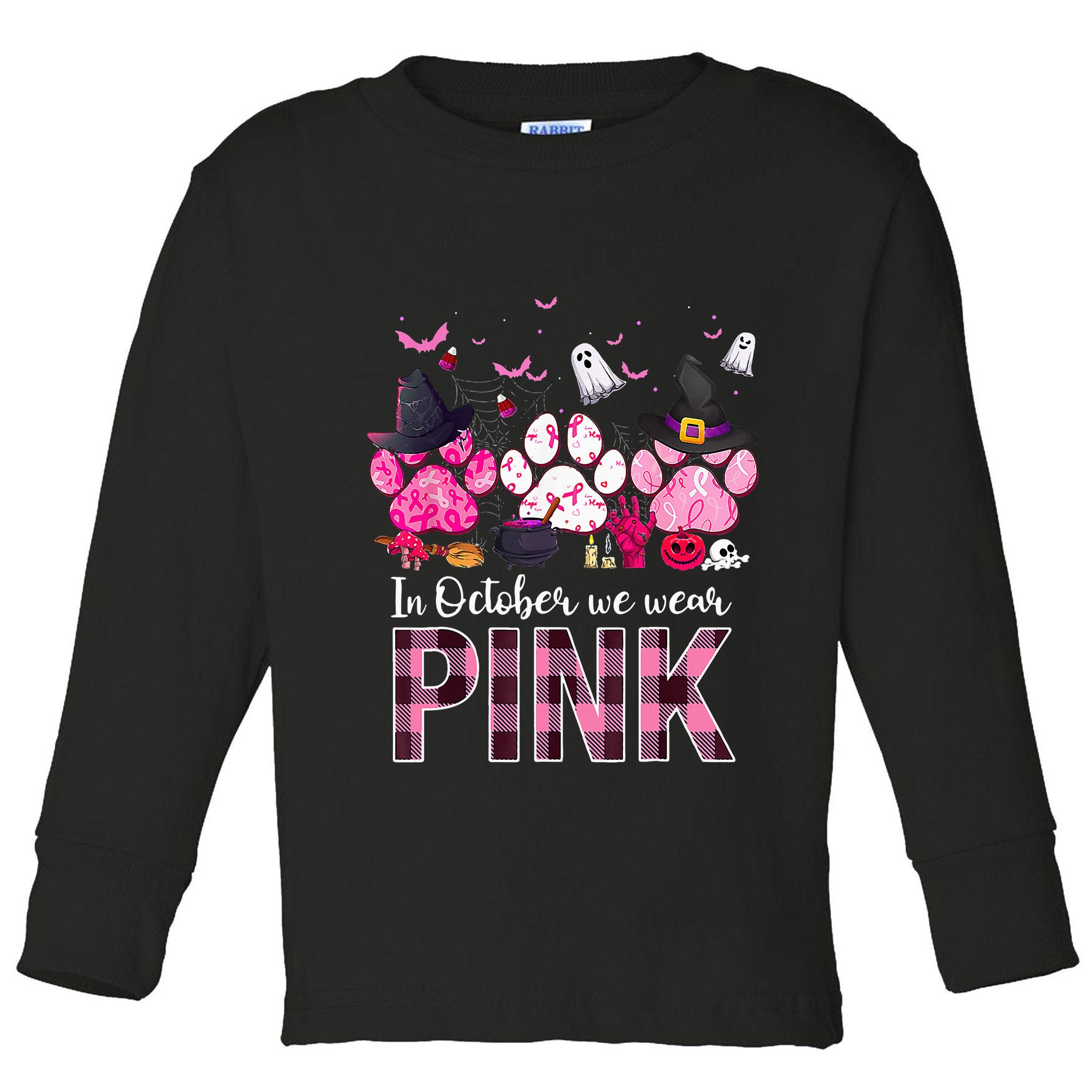In October We Wear P.I.N.K Breast Cancer Halloween Dog Paws Toddler Long Sleeve Shirt