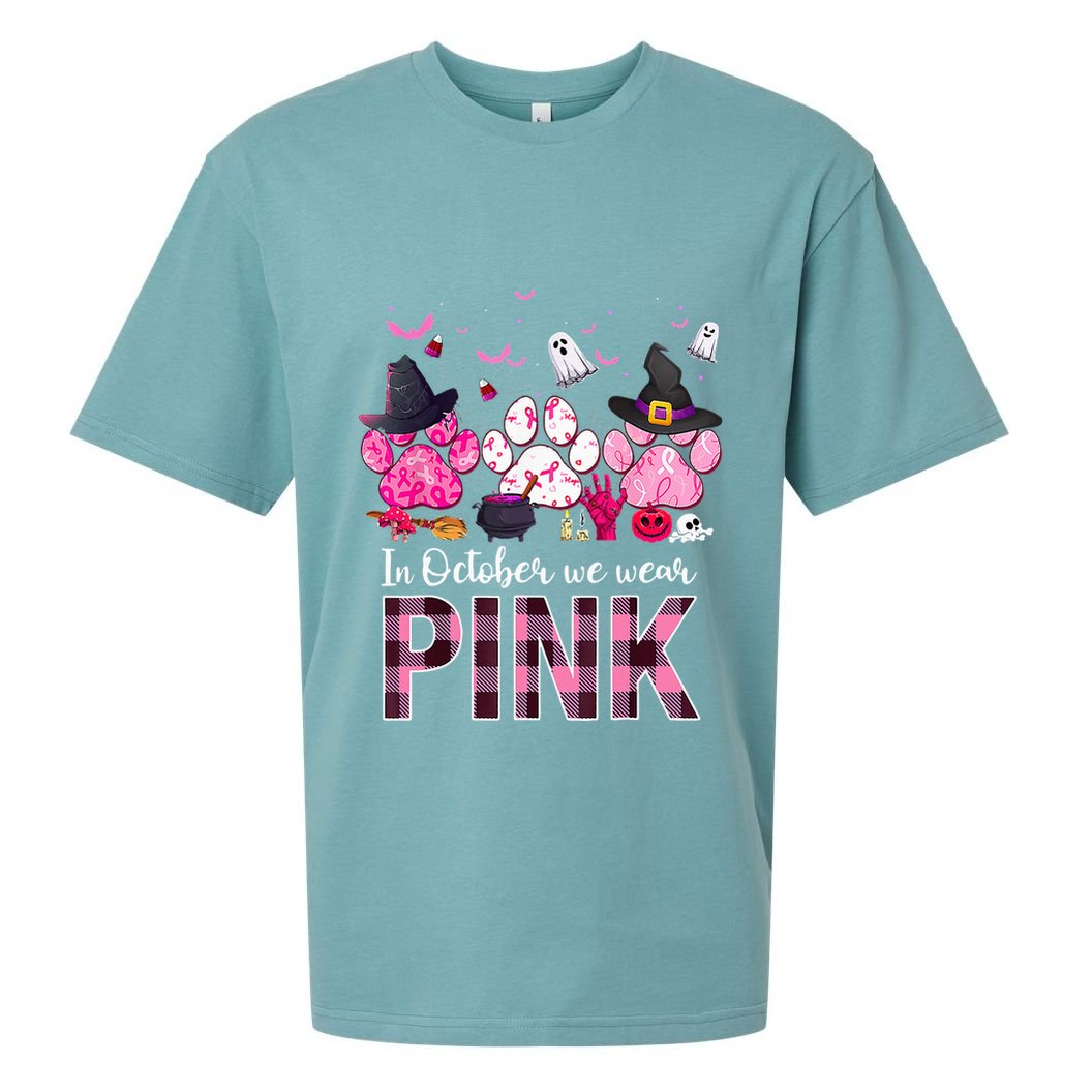 In October We Wear P.I.N.K Breast Cancer Halloween Dog Paws Sueded Cloud Jersey T-Shirt