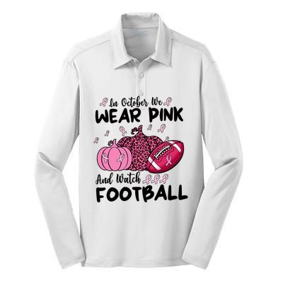 In October We Wear Pink And Watch Football Breast Cancer Silk Touch Performance Long Sleeve Polo