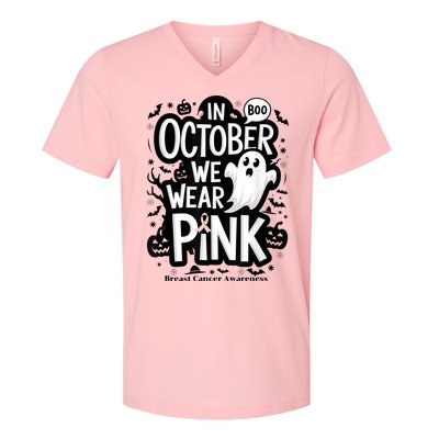 In October We Wear Ghost Halloween Breast Cancer V-Neck T-Shirt