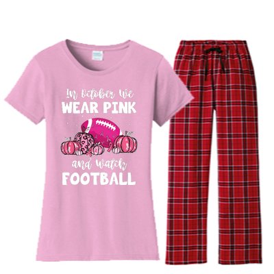 In October We Wear Pink Football Pumpkin Breast Cancer Women's Flannel Pajama Set