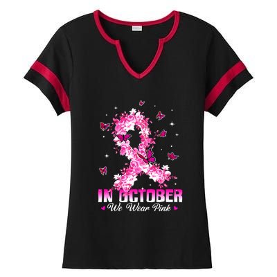 In October We Wear Pink Breast Cancer Awareness Pink Ribbons Ladies Halftime Notch Neck Tee