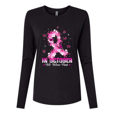 In October We Wear Pink Breast Cancer Awareness Pink Ribbons Womens Cotton Relaxed Long Sleeve T-Shirt