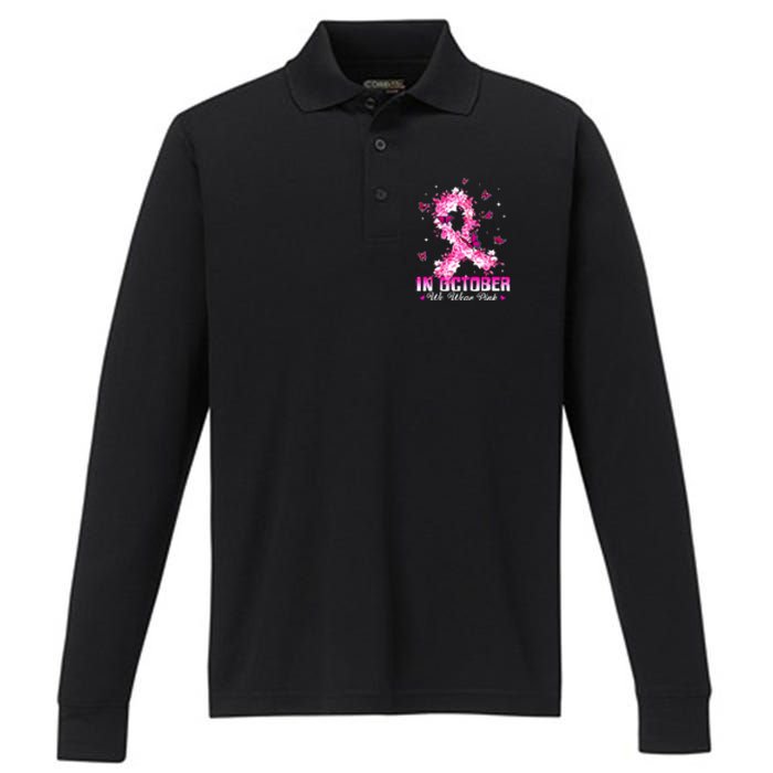 In October We Wear Pink Breast Cancer Awareness Pink Ribbons Performance Long Sleeve Polo