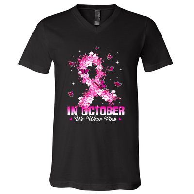 In October We Wear Pink Breast Cancer Awareness Pink Ribbons V-Neck T-Shirt