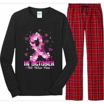 In October We Wear Pink Breast Cancer Awareness Pink Ribbons Long Sleeve Pajama Set