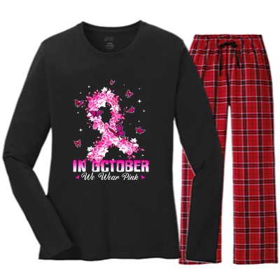 In October We Wear Pink Breast Cancer Awareness Pink Ribbons Women's Long Sleeve Flannel Pajama Set 