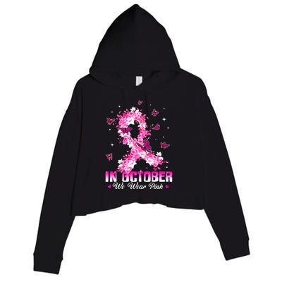 In October We Wear Pink Breast Cancer Awareness Pink Ribbons Crop Fleece Hoodie