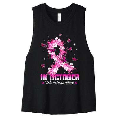 In October We Wear Pink Breast Cancer Awareness Pink Ribbons Women's Racerback Cropped Tank