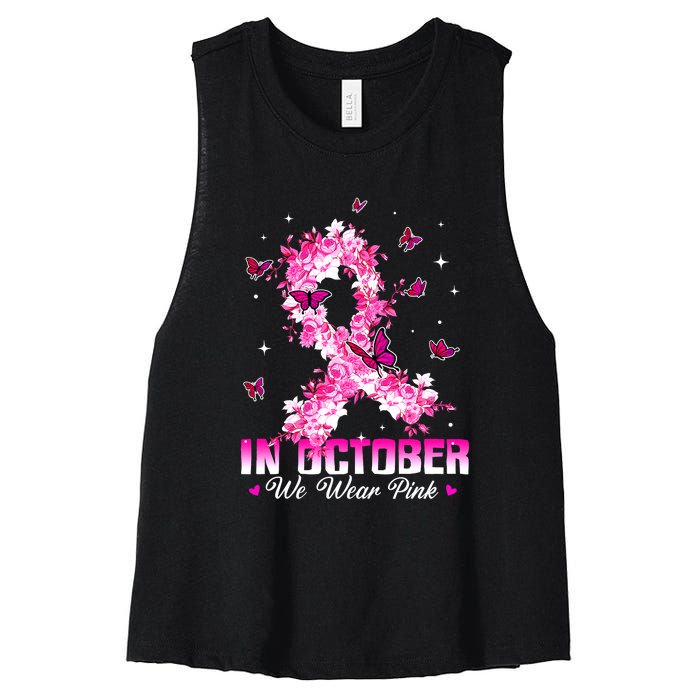 In October We Wear Pink Breast Cancer Awareness Pink Ribbons Women's Racerback Cropped Tank