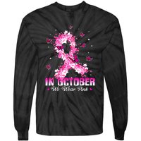 In October We Wear Pink Breast Cancer Awareness Pink Ribbons Tie-Dye Long Sleeve Shirt