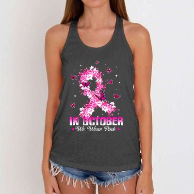 In October We Wear Pink Breast Cancer Awareness Pink Ribbons Women's Knotted Racerback Tank