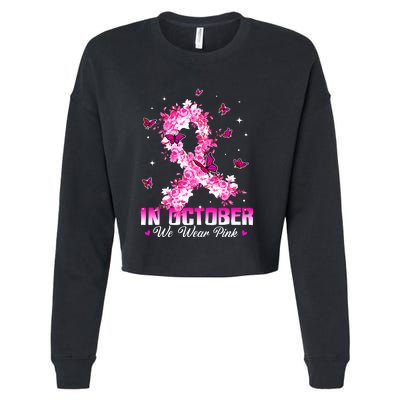 In October We Wear Pink Breast Cancer Awareness Pink Ribbons Cropped Pullover Crew