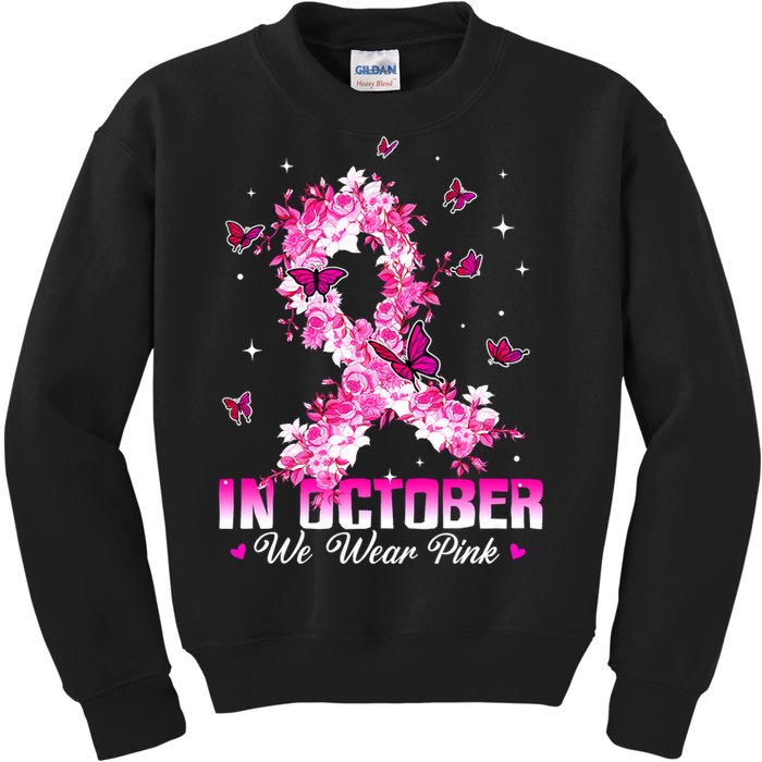 In October We Wear Pink Breast Cancer Awareness Pink Ribbons Kids Sweatshirt