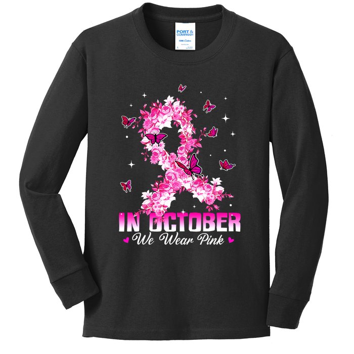 In October We Wear Pink Breast Cancer Awareness Pink Ribbons Kids Long Sleeve Shirt