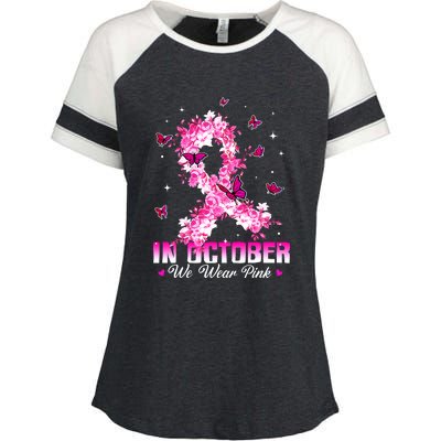 In October We Wear Pink Breast Cancer Awareness Pink Ribbons Enza Ladies Jersey Colorblock Tee