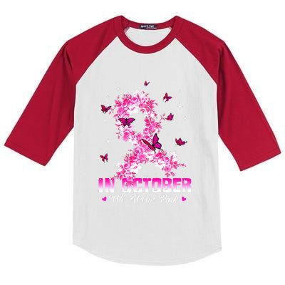 In October We Wear Pink Breast Cancer Awareness Pink Ribbons Kids Colorblock Raglan Jersey