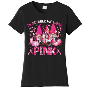 In October We Wear Pink Gnomes Breast Cancer Funny Halloween Women's T-Shirt