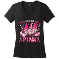 In October We Wear Pink Gnomes Breast Cancer Funny Halloween Women's V-Neck T-Shirt