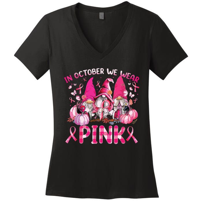 In October We Wear Pink Gnomes Breast Cancer Funny Halloween Women's V-Neck T-Shirt