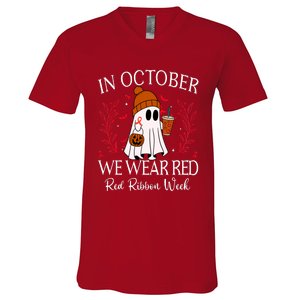 In October We Wear Red For Red Ribbon Week Awareness V-Neck T-Shirt