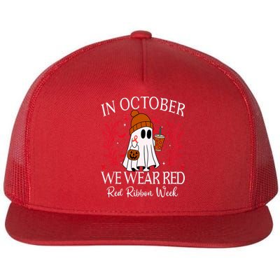 In October We Wear Red For Red Ribbon Week Awareness Flat Bill Trucker Hat