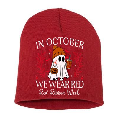 In October We Wear Red For Red Ribbon Week Awareness Short Acrylic Beanie