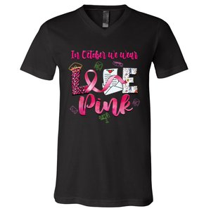 In October We Wear Love Postal Worker Breast Cancer V-Neck T-Shirt