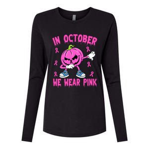 In October We Wear Pink Breast Cancer Pumpkin Halloween Womens Cotton Relaxed Long Sleeve T-Shirt