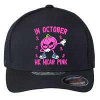 In October We Wear Pink Breast Cancer Pumpkin Halloween Flexfit Unipanel Trucker Cap