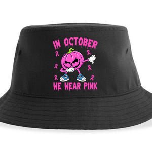 In October We Wear Pink Breast Cancer Pumpkin Halloween Sustainable Bucket Hat