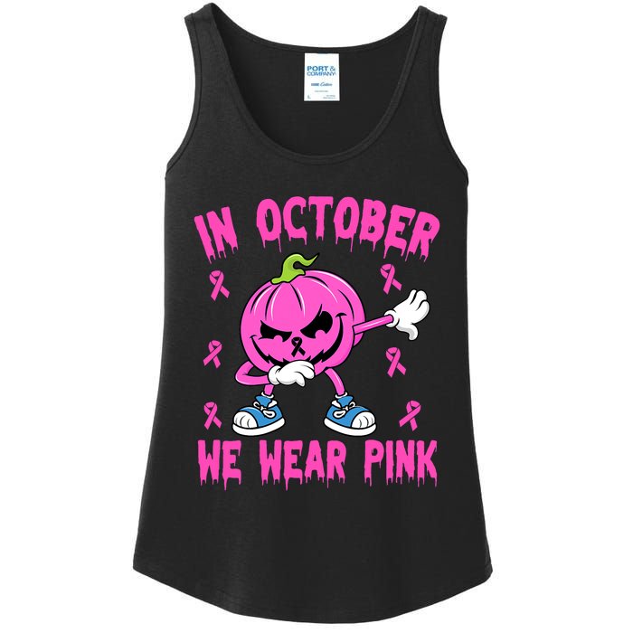 In October We Wear Pink Breast Cancer Pumpkin Halloween Ladies Essential Tank