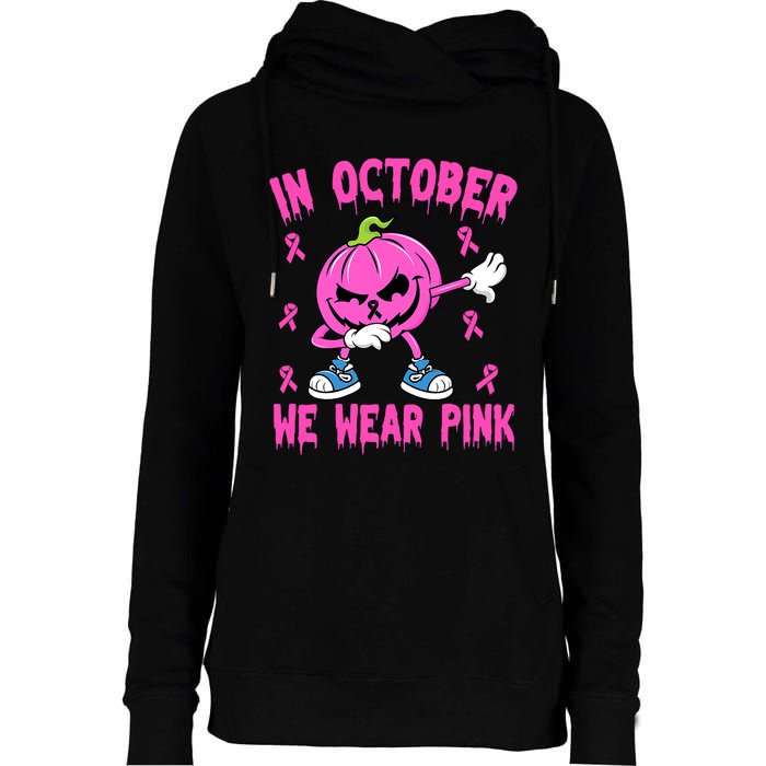 In October We Wear Pink Breast Cancer Pumpkin Halloween Womens Funnel Neck Pullover Hood