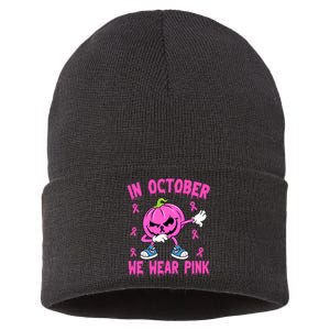 In October We Wear Pink Breast Cancer Pumpkin Halloween Sustainable Knit Beanie