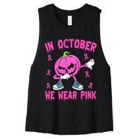 In October We Wear Pink Breast Cancer Pumpkin Halloween Women's Racerback Cropped Tank