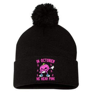 In October We Wear Pink Breast Cancer Pumpkin Halloween Pom Pom 12in Knit Beanie