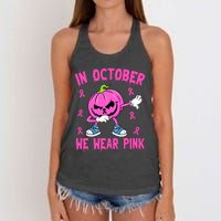 In October We Wear Pink Breast Cancer Pumpkin Halloween Women's Knotted Racerback Tank