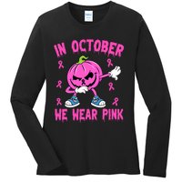 In October We Wear Pink Breast Cancer Pumpkin Halloween Ladies Long Sleeve Shirt