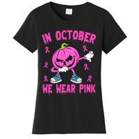 In October We Wear Pink Breast Cancer Pumpkin Halloween Women's T-Shirt