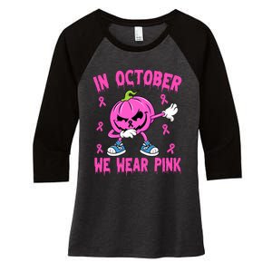 In October We Wear Pink Breast Cancer Pumpkin Halloween Women's Tri-Blend 3/4-Sleeve Raglan Shirt