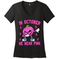 In October We Wear Pink Breast Cancer Pumpkin Halloween Women's V-Neck T-Shirt